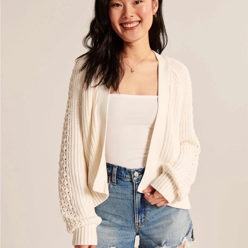 Abercrombie & Fitch Cream Open-Front Chunky Knit Cardigan
